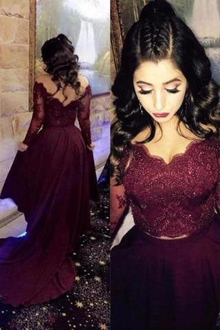 Two Pieces Lace Burgundy Assymetrical Long Dresses Evening Dresses Prom Dresses