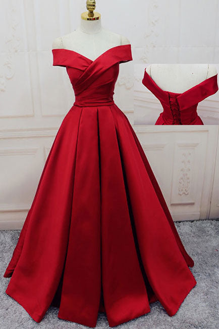 Gorgeous Red Off-the-Shoulder Floor-Length Satin Sweetheart Long Lace up Prom Dresses uk PM374