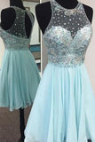 Elegant Jewel Short Illusion Back Mint Homecoming Dress With Beading Rhinestones PM484