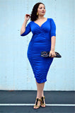 Elegant Royal Blue Half Sleeve Sheath V Neck Prom Dresses FP2139