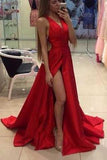 Elegant Red Off-the-Shoulder V-Neck Slit Long Prom Dress
