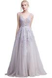 Blush V-Neck A Line Sleeveless Gray Appliques Zipper Prom Dresses