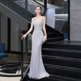 Mermaid V-Neck Sleeveless Sequins Sweep Train Tulle Prom Dress WH92446