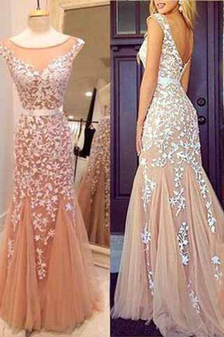 Mermaid Blush Pink Lace Long Prom Dress