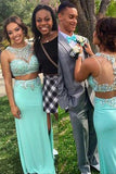 Charming Mint Green Long Two Pieces Beaded Prom Dress Evening Dress
