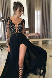 Sexy Black Long Sleeve Lace Slit V-Neck Prom Dress Evening Dress