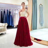 A Line V-Neck Beading Red Satin Floor Length Prom Dress Party Dress WH58706