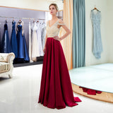 A Line V-Neck Beading Red Satin Floor Length Prom Dress Party Dress WH58706