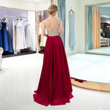 A Line V-Neck Beading Red Satin Floor Length Prom Dress Party Dress WH58706