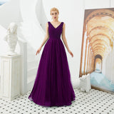A Line V-Neck Sleeveless Appliques Beading Tulle Floor Length Prom Dress With Lace Up WH53340