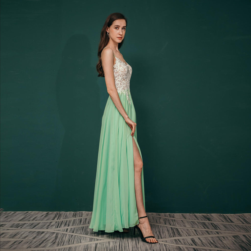 Elegant A Line Spaghetti Straps Lace Beading Floor Length Prom Dresses WH321040