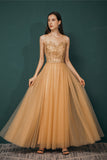 Shiny A Line Sleeveless Beading Tulle Long Prom Dresses WH361044