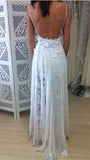 Stunning Backless White Lace Boho Spaghetti Straps Chiffon Beach Wedding Dress with Lace Lining PM804