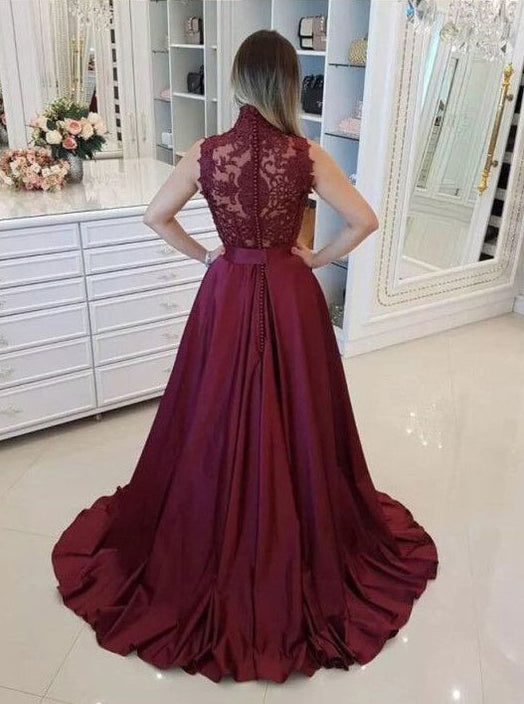 A-line High Neck Burgundy Lace Satin Prom Dress