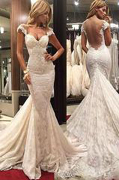 Gorgeous Cap Sleeves Court Train Lace Sexy Mermaid Wedding Dress