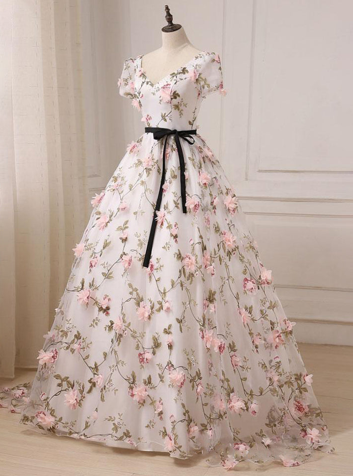 Ball Gown V-Neck Floral Tulle Prom Dress