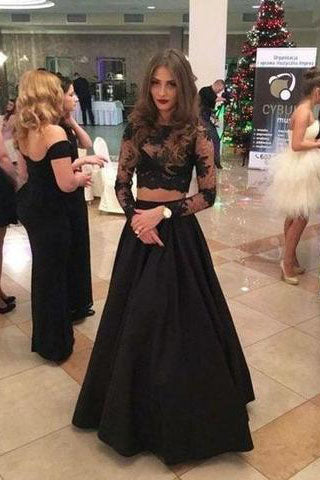 Elegant Two Piece A Line Lace Long Sleeves Black Prom Dress