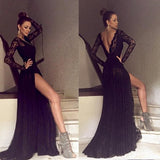 Sexy V Back Black Long Sleeves Lace Side Split Long Prom Dress