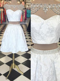 Two Piece Cap Sleeves Beaded Short Lace Homecoming Dress