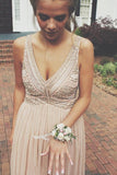A Line V-Neck Chiffon Sleeveless Lace Long Prom Dresses