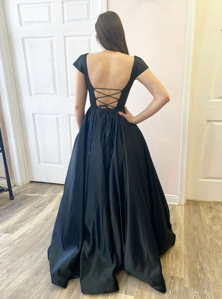 A Line Cap Sleeves Black Satin Prom Dress With Pockets