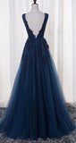 A Line Tulle Appliques Beaded Sleeveless Backless Blue V-Neck Prom Dress