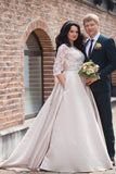 A-Line Lace 3/4 Sleeve Pockets Scoop Satin Button Floor-Length Wedding Dress PM412