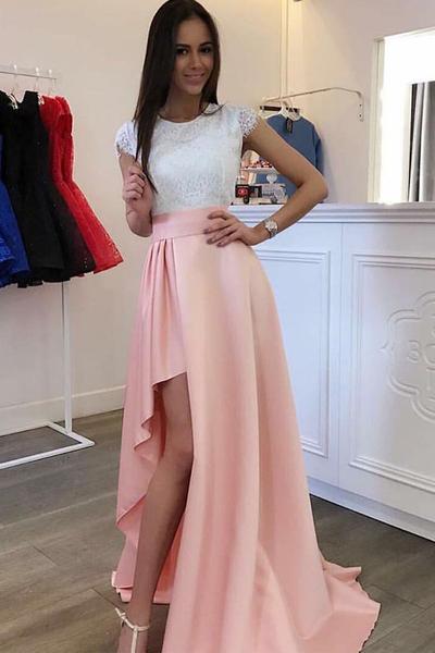 Scoop Sleeves Detachable Train Pearl Pink Satin Evening Dress with Lace Prom Dresses uk PM383