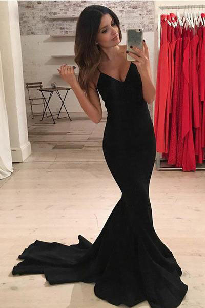 Mermaid V-Neck Criss-Cross Straps Spaghetti Straps Sweep Train Black Satin Prom Dresses uk PM384