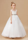 Ivory Sleeveless Tulle Satin Flower Girl Dresses With Champagne Bowknot