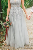 Blush V-Neck A Line Sleeveless Gray Appliques Zipper Prom Dresses