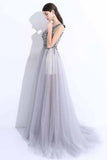 2018 New A-Line V-Neck Grey Tulle Beaded Long Sleeveless Backless Prom Dresses uk with Split PM884