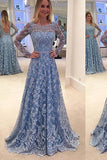 A Line Lace Blue Long Sleeve Backless Modest Formal Prom Dress