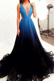 Black V-Neck Long Gradient Color Tulle Long Prom Dresses