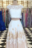 Two Piece A Line Long White Lace Open Back Prom Dress