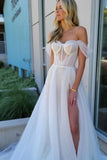 Fairy A-line Off the Shoulder Sparkly Tulle Wedding Dress with Slit N130