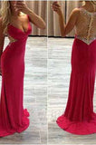 Sexy Mermaid Red V-Neck Beaded Sleeveless Long Prom Dress
