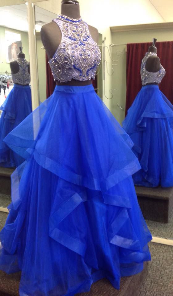 Royal Blue Two Piece Beaded Bodice Tulle Skirt Ball Gown Halter Sleeveless Prom Dresses uk PM224