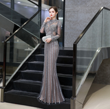 Mermaid High Neck Long Sleeve Crystals Beading Floor Length Tulle Prom Dress WH86443