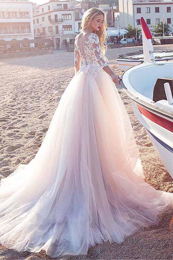 Tulle Scoop Neckline Pink A-Line Lace Appliques Long Sleeves Bowknot Wedding Dresses PH311