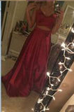Wine Red Spaghetti Straps Two Piece Long Prom Dresses