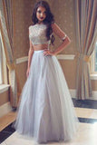 Two Pieces Grey A Line Tulle Sleeveless Beading Evening Dress