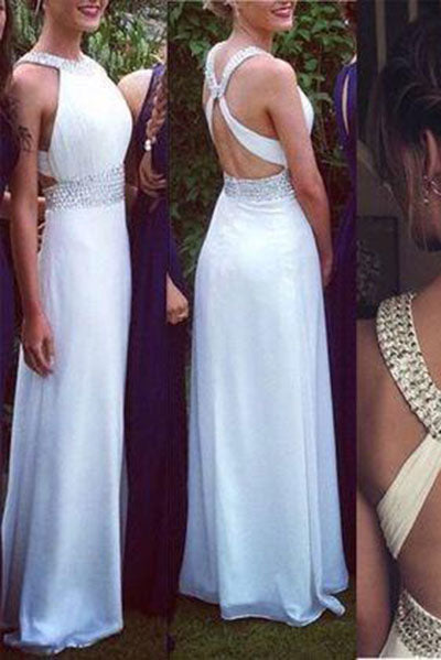 A Line Backless Beaded Straps Glitter Prom Dress