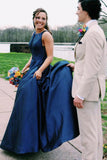 A Line Jewel Sleeveless Prom Dresses Long Cheap Navy Blue Satin Backless Evening Dresses PW483