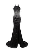 Luxury Halter Neck Crystal Mermaid Long Prom Dresses Evening Party Gown