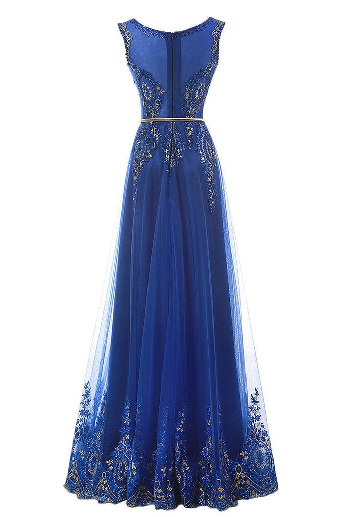 Gorgeous Scoop Neck Beading Royal Blue Prom Dresses