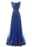 Gorgeous Scoop Neck Beading Royal Blue Prom Dresses