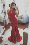 Hot Sexy Halter Mermaid Split-Front Red Prom Dress with Keyhole