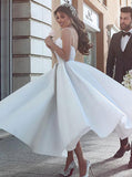 A Line Sleeveless V-Neck Satin Prom Dress White Formal Dress