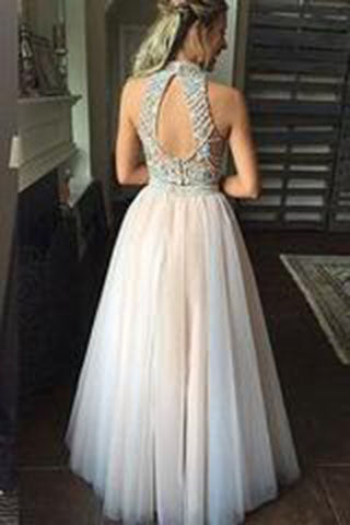 Sexy Two Piece Silver Beaded Bodice High Neck Tulle Prom Dress